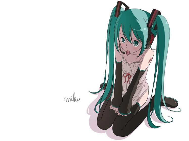 headphones, Tattoos, Vocaloid, Dress, Stockings, Hatsune, Miku, Long, Hair, Tongue, Green, Eyes, Thigh, Highs, Green, Hair, Twintails, Sitting, White, Dress, Simple, Background, Anime, Girls, Simple, Detached, S HD Wallpaper Desktop Background