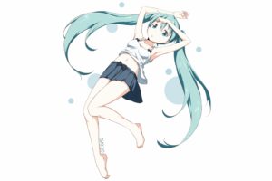 vocaloid, Hatsune, Miku, Skirts, Circles, Long, Hair, Barefoot, Twintails, Lying, Down, Navel, Armpits, Hips, Blouse, Aqua, Eyes, Aqua, Hair, Simple, Background, Anime, Girls, White, Background, Bare, Shoulders