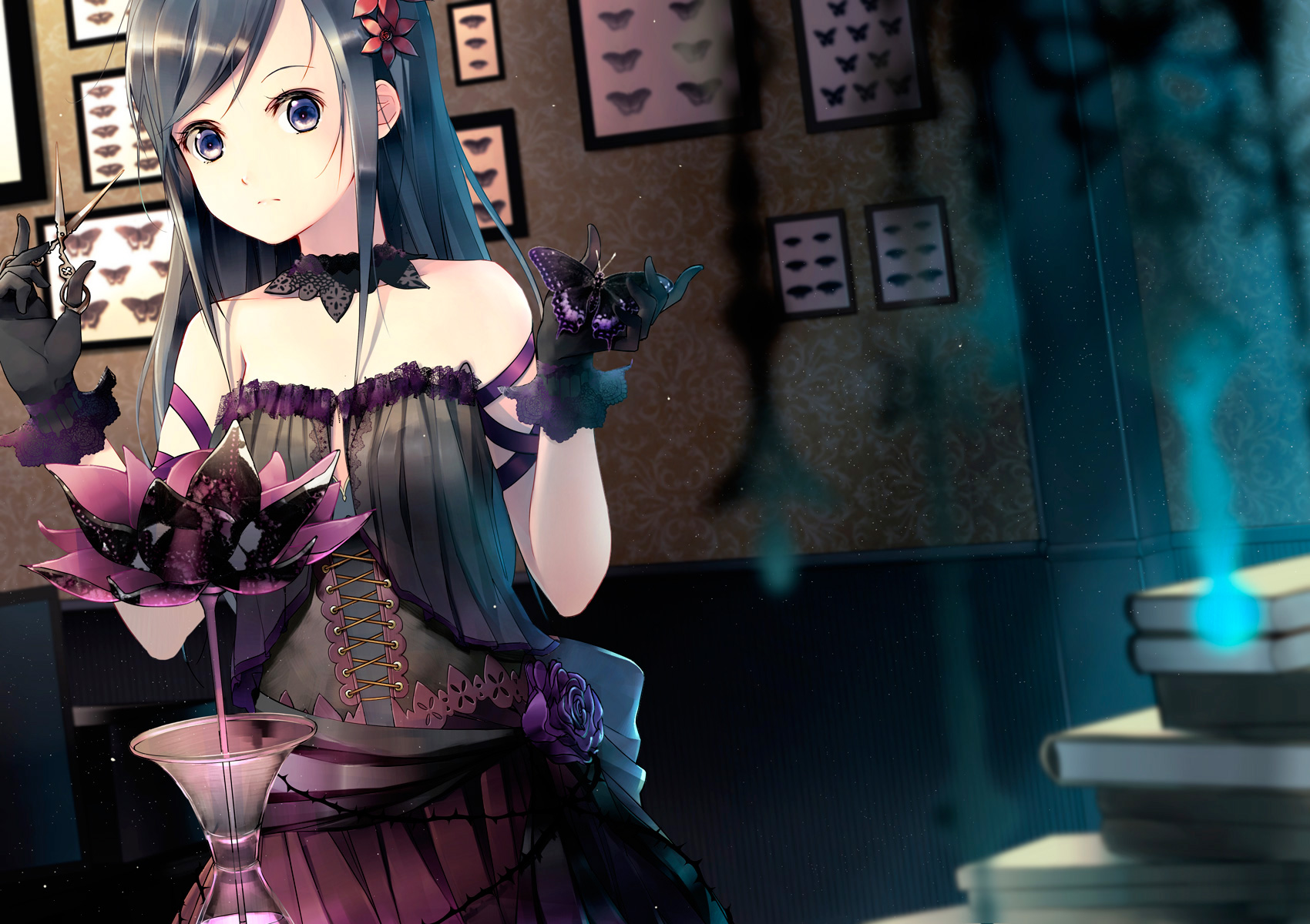 original, Black, Hair, Book, Butterfly, Dress, Flowers, Long, Hair, Original, Yoshino, Ryou Wallpaper
