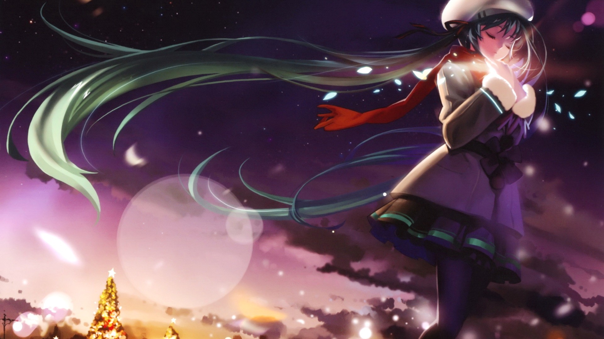 Light Clouds Winter Vocaloid Hatsune Miku Lens Flare Skirts Long Hair Christmas Christmas Trees Pantyhose Green Hair Twintails Fireflies Closed Eyes Scarfs Flower Petals Soft Shading Ha Wallpapers Hd Desktop And