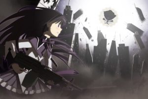 guns, Long, Hair, Weapons, Pantyhose, Seifuku, Mahou, Shoujo, Madoka, Magica, Anime, Akemi, Homura, Purple, Eyes, Anime, Girls, Hair, Bow, Black, Hair, Mahou, Shoujo