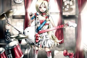 headphones, Blondes, Dress, Indoors, Room, Long, Hair, Nekomimi, Hello, Kitty, Animal, Ears, Red, Eyes, Thigh, Highs, Instruments, Guitars, Drums, Bows, Drum, Set, Open, Mouth, Curtains, Choker, White, Dress, An