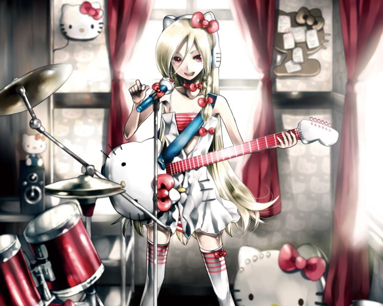 headphones, Blondes, Dress, Indoors, Room, Long, Hair, Nekomimi, Hello, Kitty, Animal, Ears, Red, Eyes, Thigh, Highs, Instruments, Guitars, Drums, Bows, Drum, Set, Open, Mouth, Curtains, Choker, White, Dress, An HD Wallpaper Desktop Background