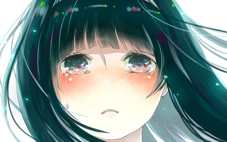 close up, White, Tears, Long, Hair, Green, Eyes, Green, Hair, Crying, Anime, Girls, Faces, Hyouka, Chitanda, Eru HD Wallpaper Desktop Background