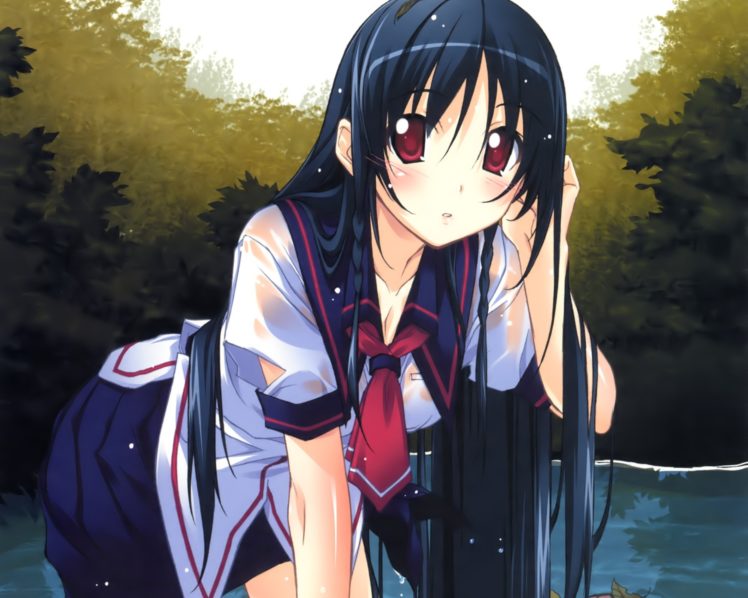 wet, Long, Hair, Red, Eyes, Seifuku, Anime, Girls, Black, Hair HD Wallpaper Desktop Background