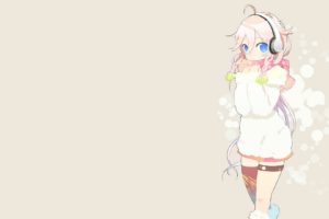 headphones, Boots, Winter, Vocaloid, Blue, Eyes, Skirts, Long, Hair, Thigh, Highs, Braids, Scarfs, White, Hair, Ahoge, Simple, Background, Hair, Ornaments, Garters, Bare, Shoulders, Sweaters