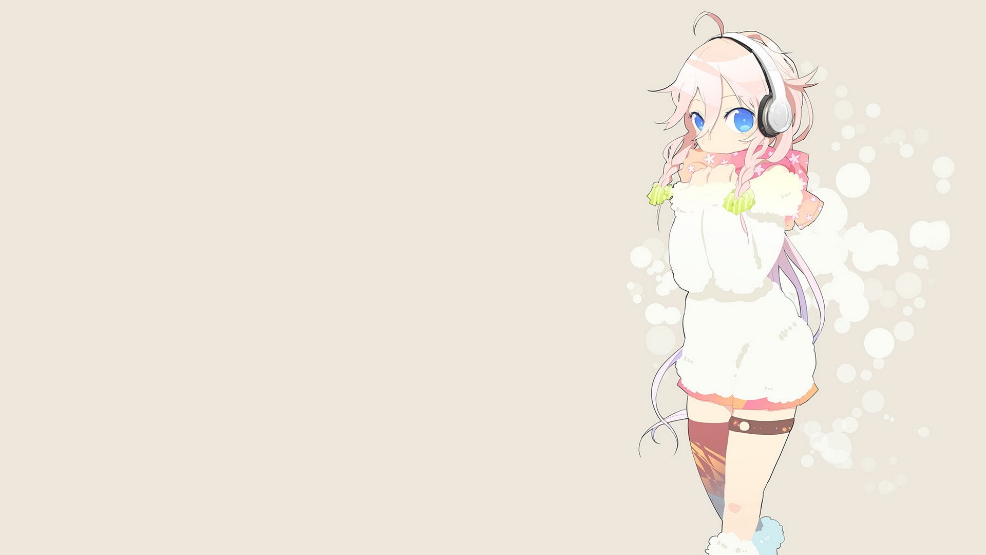 headphones, Boots, Winter, Vocaloid, Blue, Eyes, Skirts, Long, Hair, Thigh, Highs, Braids, Scarfs, White, Hair, Ahoge, Simple, Background, Hair, Ornaments, Garters, Bare, Shoulders, Sweaters Wallpaper