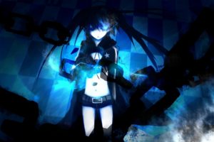 blue, Black, Rock, Shooter, Blue, Eyes, Twintails, Anime, Chains, Anime, Girls, Glowing, Eyes, Black, Hair