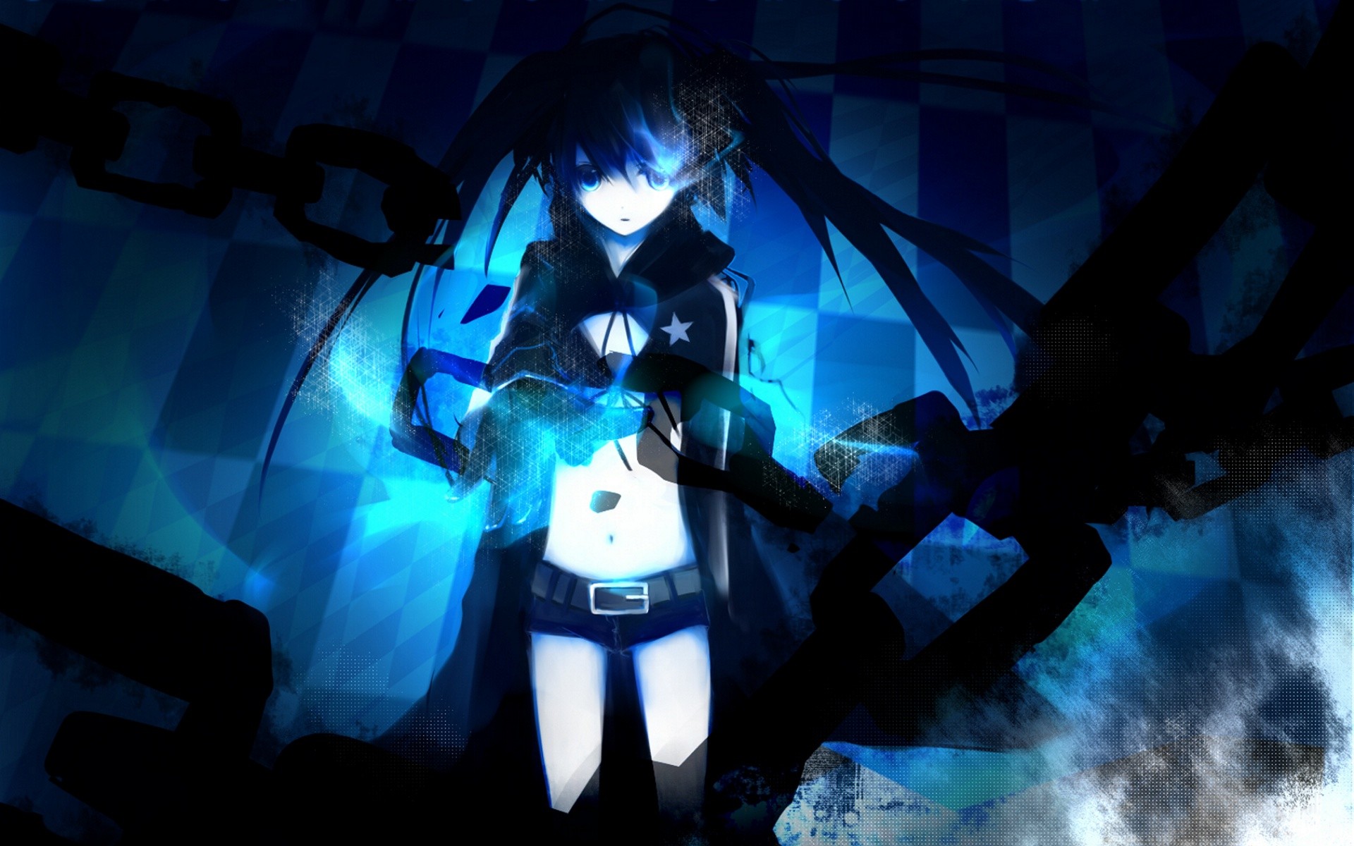 blue, Black, Rock, Shooter, Blue, Eyes, Twintails, Anime, Chains, Anime, Girls, Glowing, Eyes, Black, Hair Wallpaper