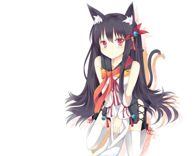 tails, White, Nekomimi, Animal, Ears, Red, Eyes, Thigh, Highs, Blush, Soft, Shading, Simple, Background, Black, Hair, Shizuka HD Wallpaper Desktop Background