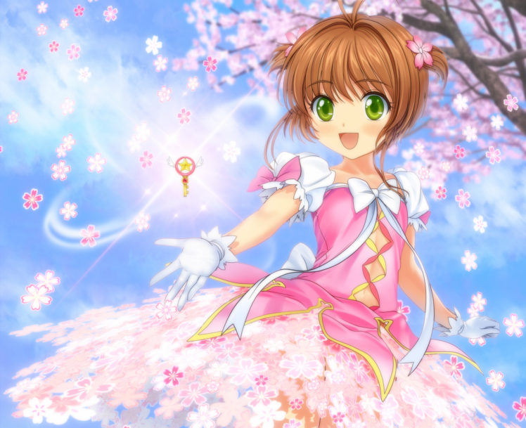 card, Captor, Sakura, Bow, Brown, Hair, Card, Captor, Sakura, Cherry, Blossoms, Dress, Gloves, Green, Eyes, Kinomoto, Sakura, Moonknives, Short, Hair, Tree, Twintails HD Wallpaper Desktop Background