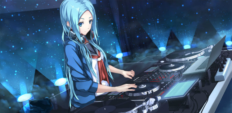 original, Blue, Eyes, Blue, Hair, Computer, Headphones, Hyp, Long, Hair, Original, Seifuku HD Wallpaper Desktop Background