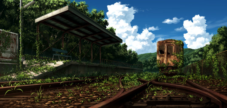original, Clouds, Grass, Landscape, Nobody, Original, Ruins, Sakais3211, Scenic, Sky, Train HD Wallpaper Desktop Background