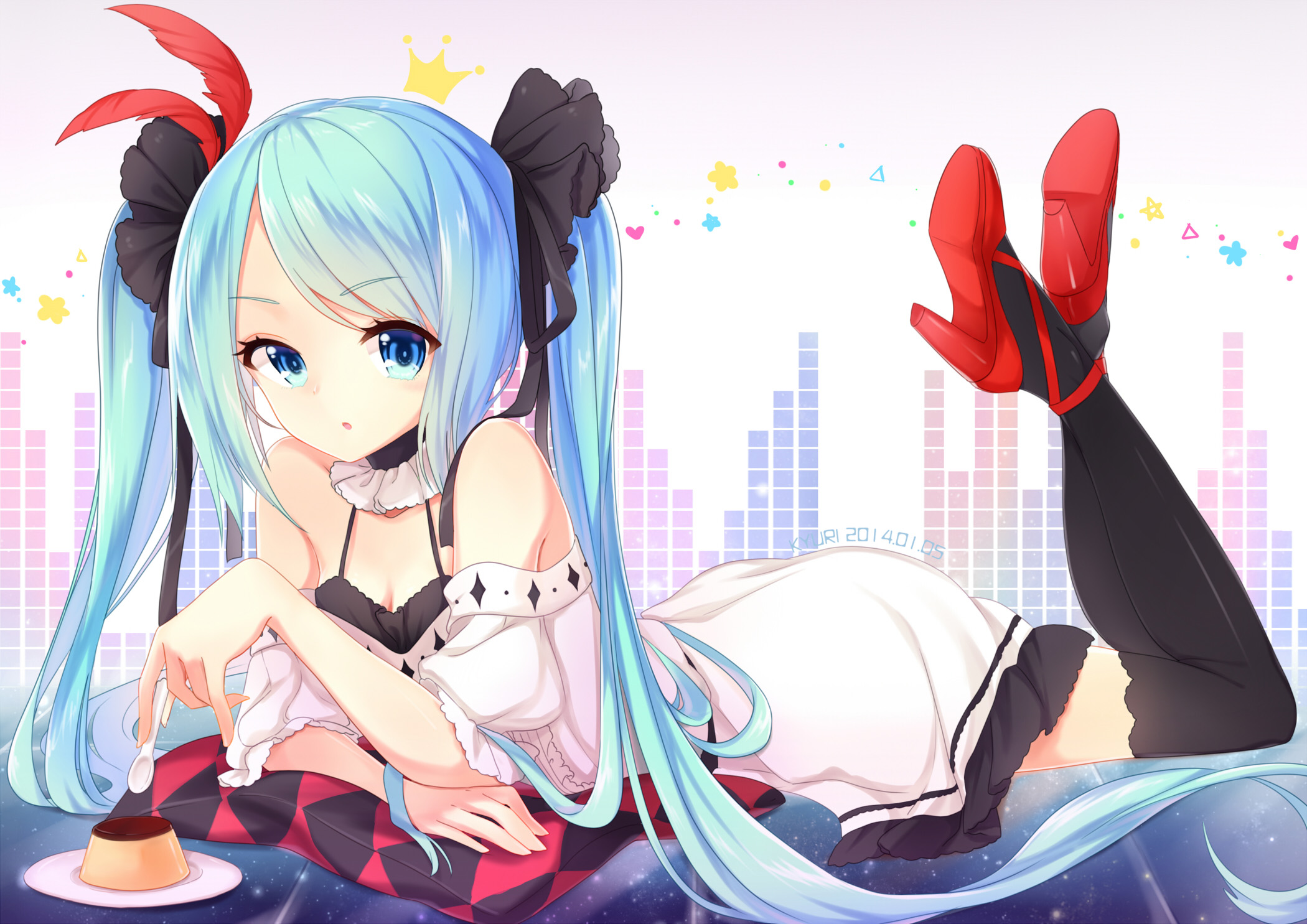 Vocaloid Blue Eyes Blue Hair Dress Hatsune Miku Long Hair Thighhighs Twintails 1458