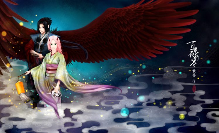 wings, Haruno, Sakura, Uchiha, Sasuke, Naruto , Shippuden, Kimono, Artwork, Traditional, Dressing, Fan, Art HD Wallpaper Desktop Background