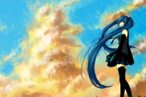 clouds, Vocaloid, Stockings, Hatsune, Miku, Blue, Eyes, Skirts, Blue, Hair, Skyscapes, Anime, Girls, Detached, Sleeves, Bare, Shoulders