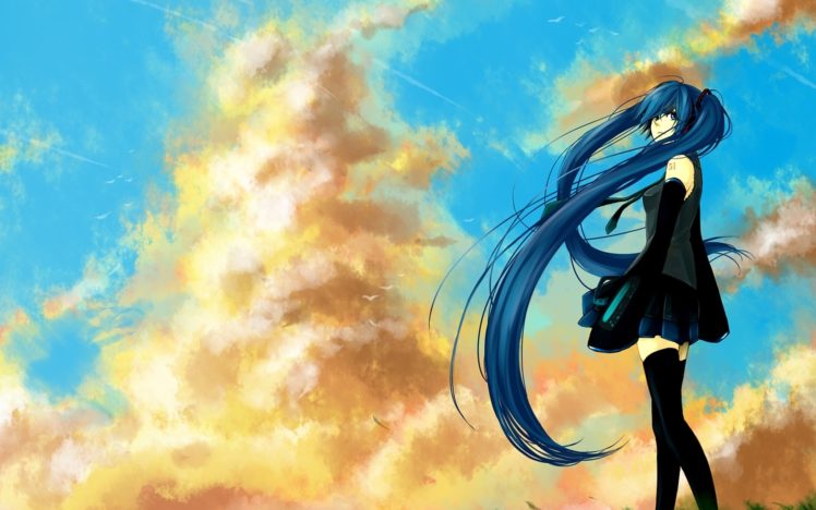 clouds, Vocaloid, Stockings, Hatsune, Miku, Blue, Eyes, Skirts, Blue, Hair, Skyscapes, Anime, Girls, Detached, Sleeves, Bare, Shoulders HD Wallpaper Desktop Background