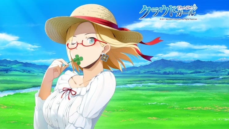 blondes, Clouds, Landscapes, Nature, Text, Blue, Eyes, Glasses, Ribbons, Streams, Short, Hair, Scenic, Earrings, Microsoft, Windows, Meganekko, Os tan, Four, Leaf, Clover, Skyscapes, Hats, Clovers, Claudia, Mado HD Wallpaper Desktop Background
