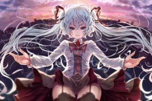 clouds, Cityscapes, Vocaloid, Hatsune, Miku, Blue, Eyes, Wind, Skirts, Falling, Down, Long, Hair, Ribbons, Buildings, Thigh, Highs, Twintails, Smiling, Bows, Aqua, Hair, Skyscapes