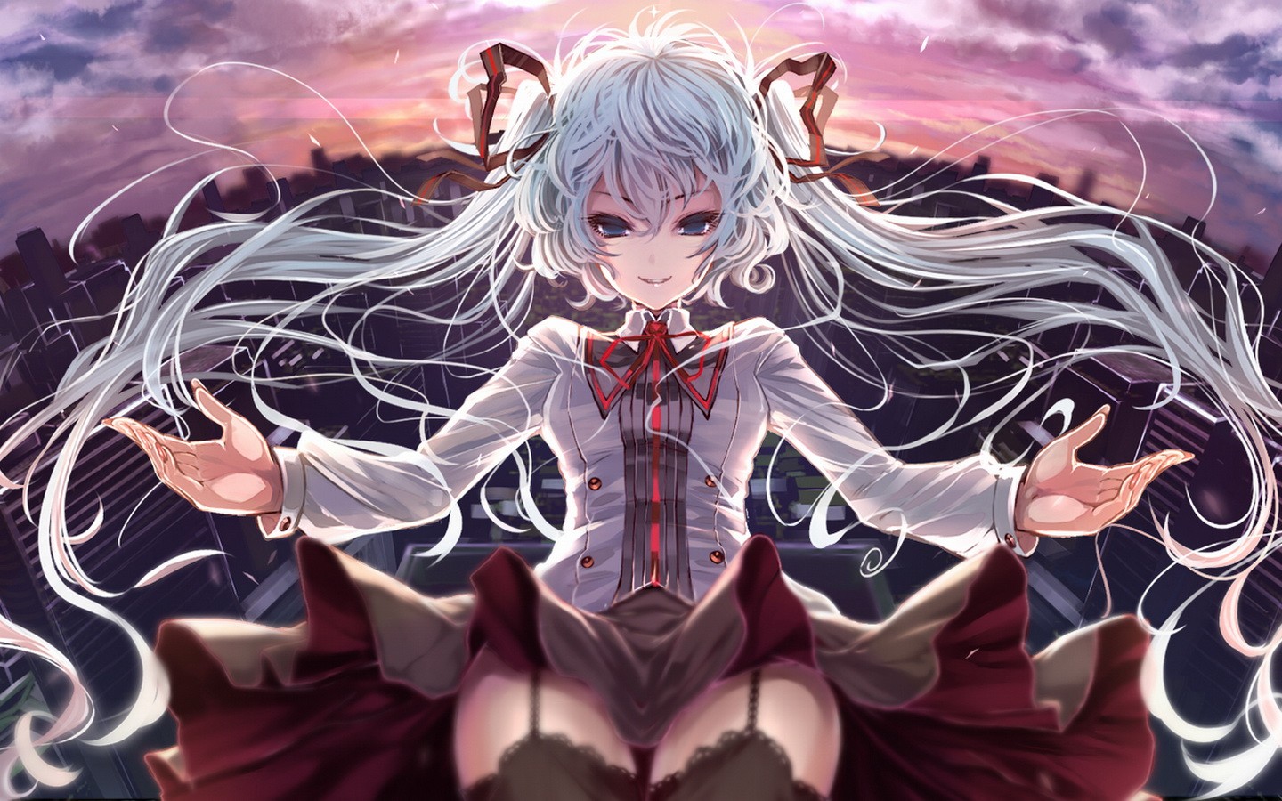 Clouds Cityscapes Vocaloid Hatsune Miku Blue Eyes Wind Skirts Falling Down Long Hair