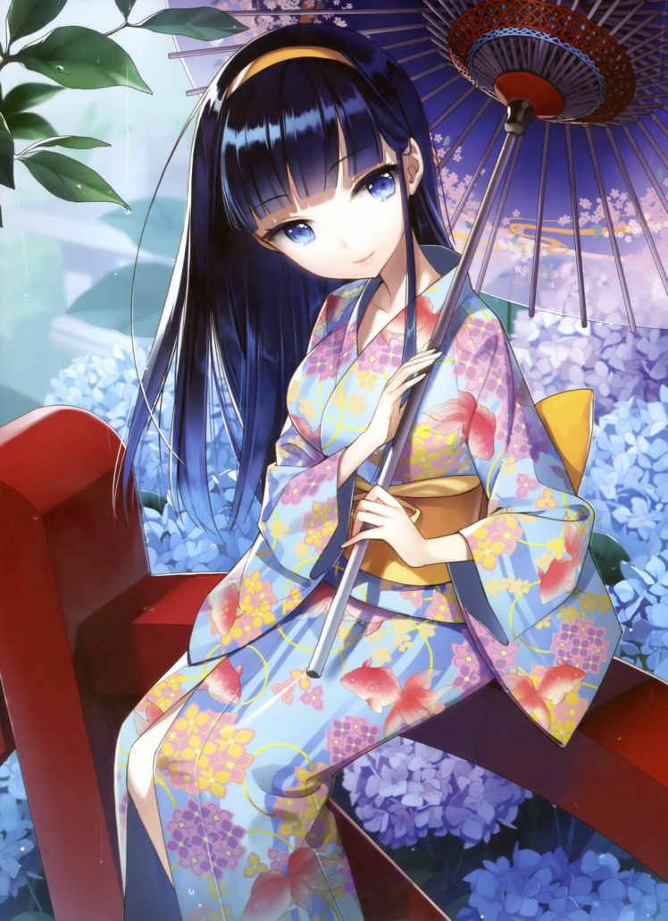 flowers, Blue, Eyes, Long, Hair, Anime, Umbrellas, Yukata, Japanese, Clothes, Anime, Girls, Black, Hair HD Wallpaper Desktop Background