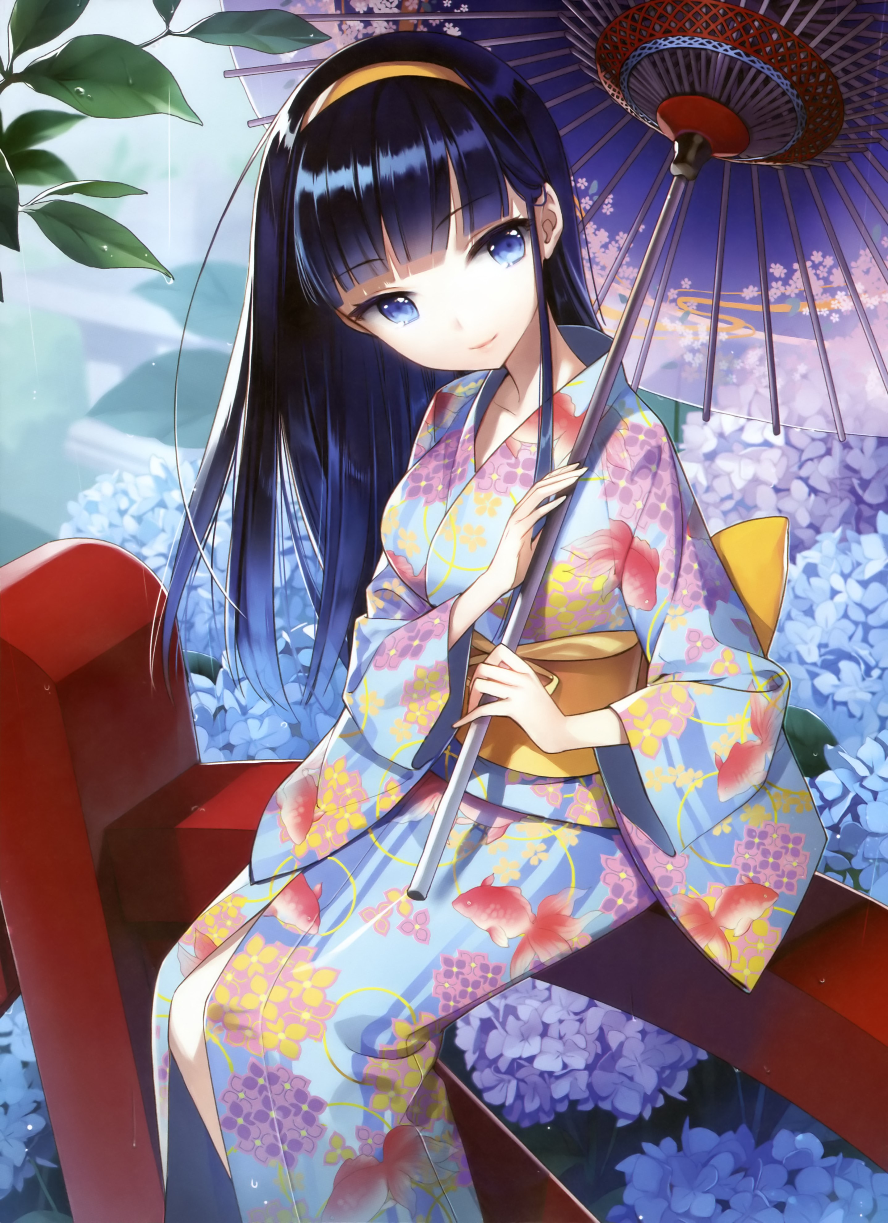 flowers, Blue, Eyes, Long, Hair, Anime, Umbrellas, Yukata, Japanese
