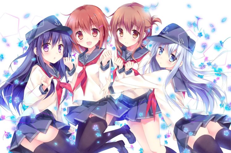 kantai, Collection, Blue, Eyes, Blue, Hair, Blush, Brown, Eyes, Brown, Hair, Fang, Flowers, Group, Hat, Kneehighs, Long, Hair, Purple, Eyes, Seifuku, Short, Hair, Skirt, Thighhighs, White, Hair HD Wallpaper Desktop Background