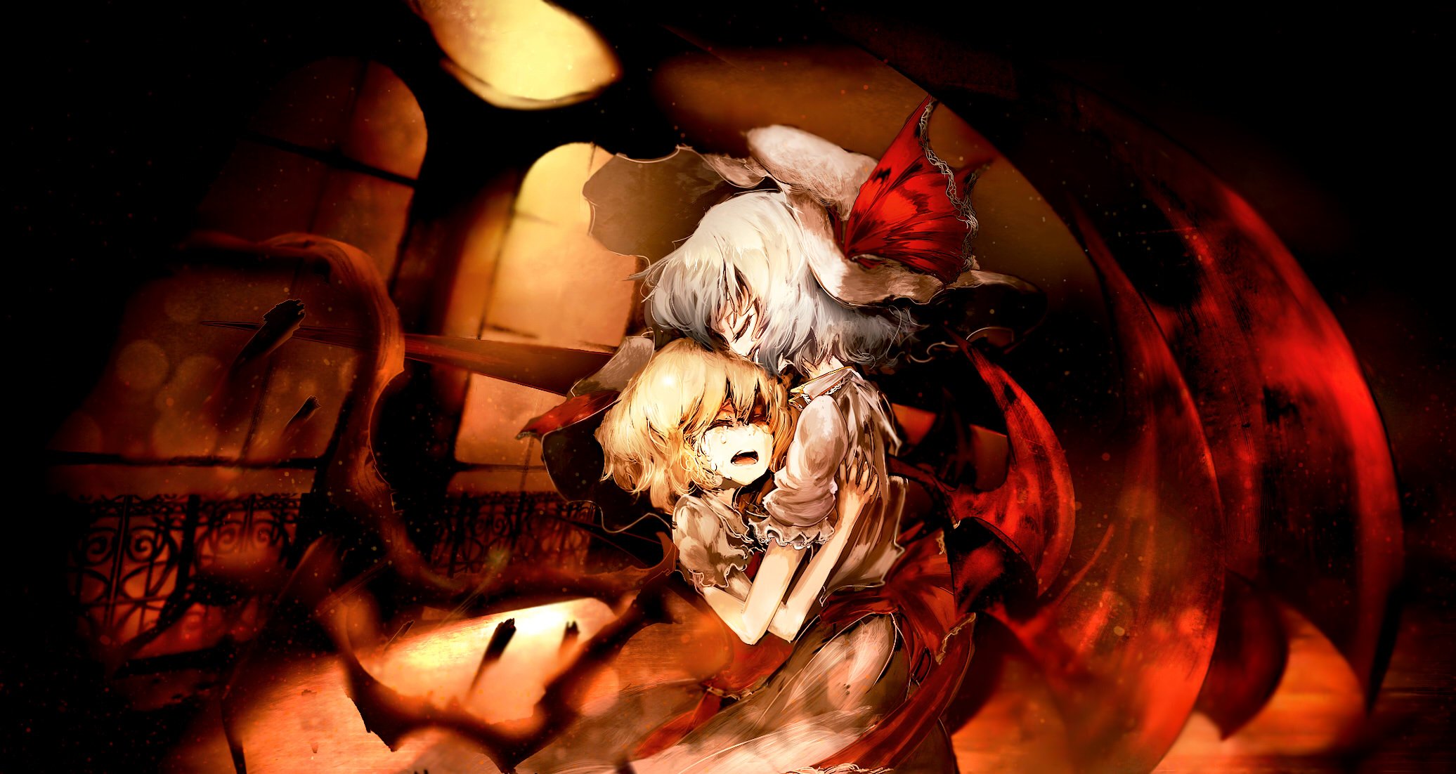 touhou, Flandre, Scarlet, Hug, Remilia, Scarlet, Tears, Touhou, Yoshioka, Yoshiko Wallpaper