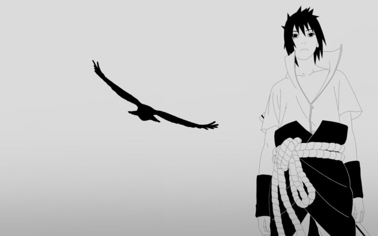 silhouettes, Uchiha, Sasuke, Eagles, Naruto , Shippuden, Grayscale HD Wallpaper Desktop Background