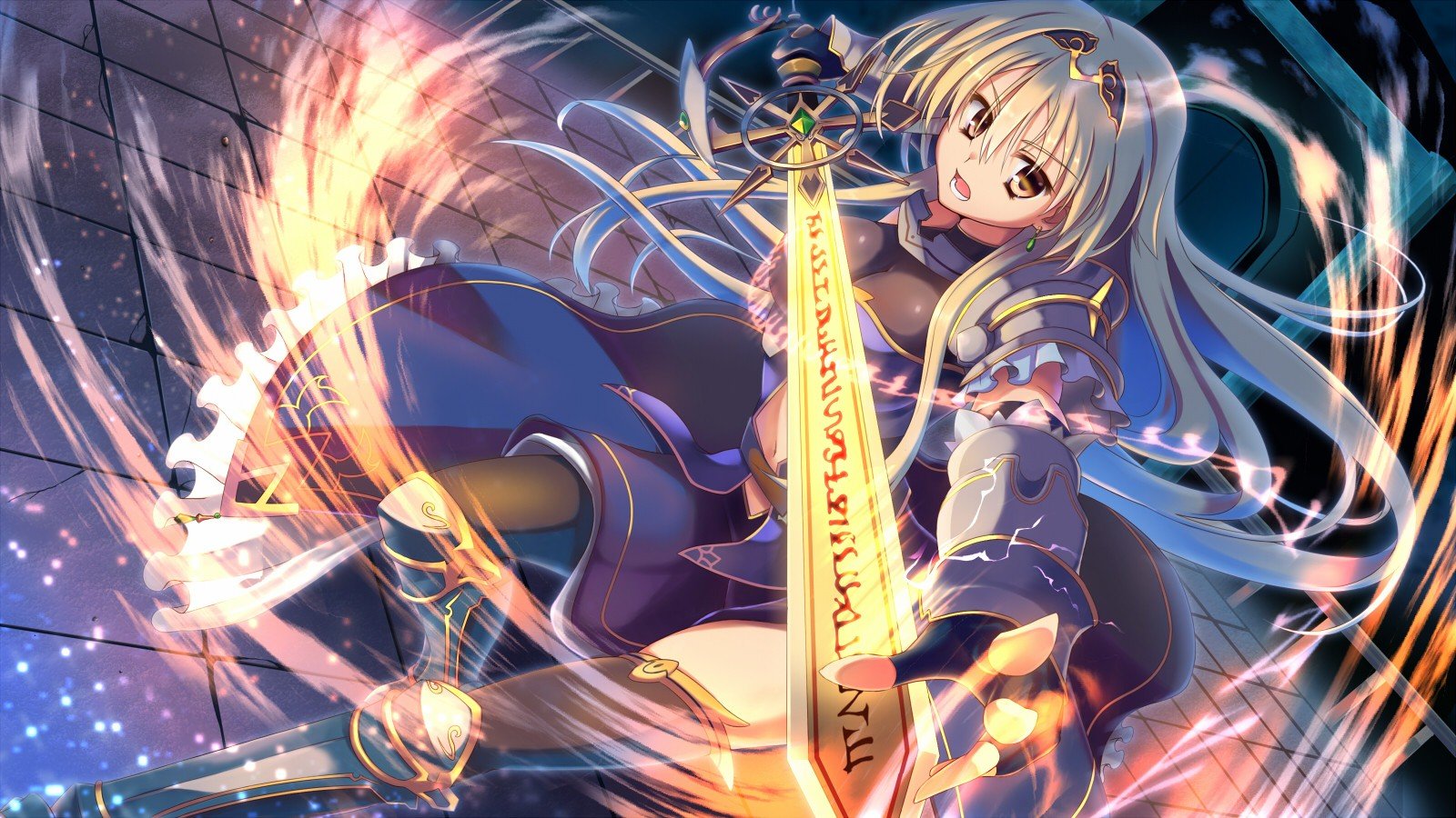 blondes, Dress, Long, Hair, Weapons, Brown, Eyes, Armor, Open, Mouth, Anime, Girls, Gauntlets, Swords, Original, Characters Wallpaper