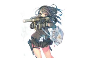 pistols, Guns, Blue, Eyes, Call, Of, Duty, School, Uniforms, Skirts, Weapons, Glock, Silencer, M4a1, Simple, Background, Anime, Girls, White, Background, Holographic, Black, Hair, Foregrip, Flashlight