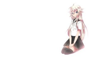 vocaloid, Blue, Eyes, School, Uniforms, Tie, Skirts, Long, Hair, Thigh, Highs, Blush, Shirts, Sitting, Open, Mouth, Braids, White, Hair, Ahoge, Simple, Background, Anime, Girls, White, Background