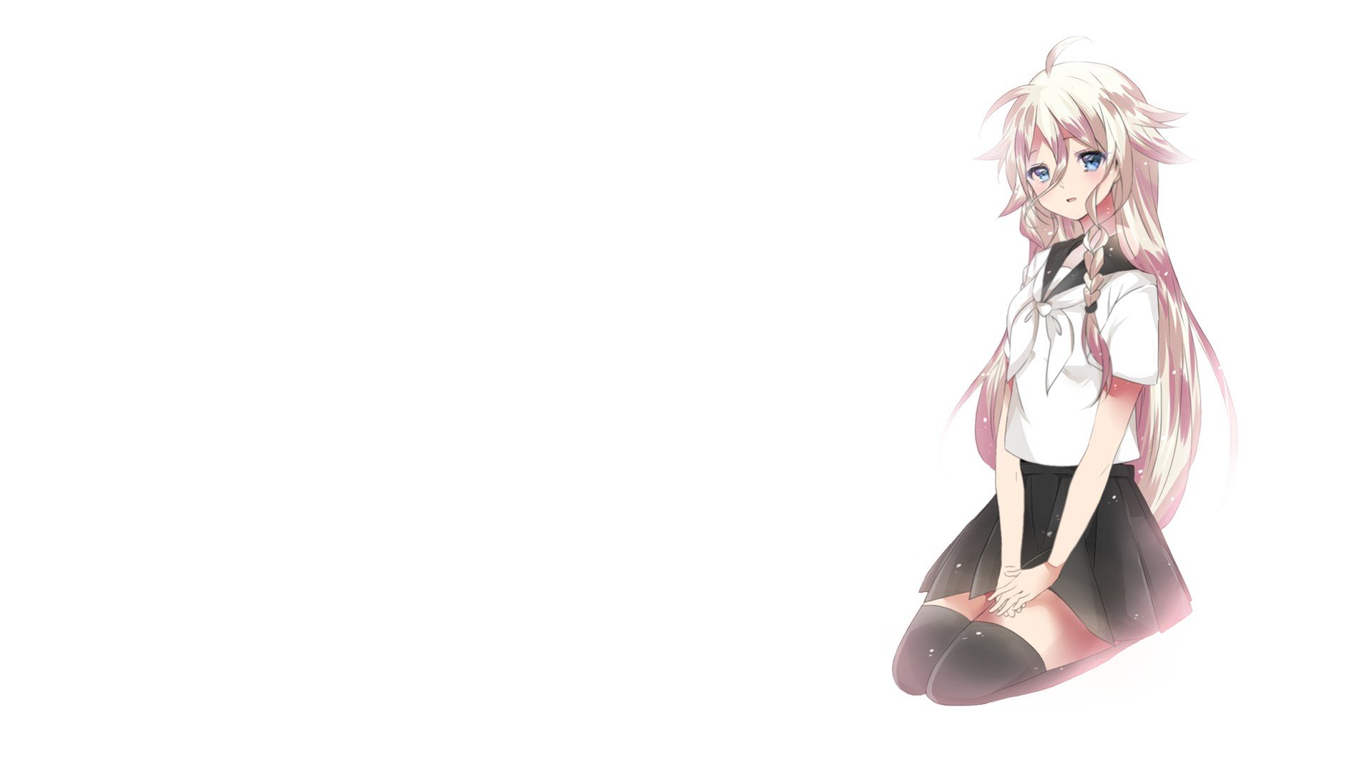 vocaloid, Blue, Eyes, School, Uniforms, Tie, Skirts, Long, Hair, Thigh, Highs, Blush, Shirts, Sitting, Open, Mouth, Braids, White, Hair, Ahoge, Simple, Background, Anime, Girls, White, Background Wallpaper