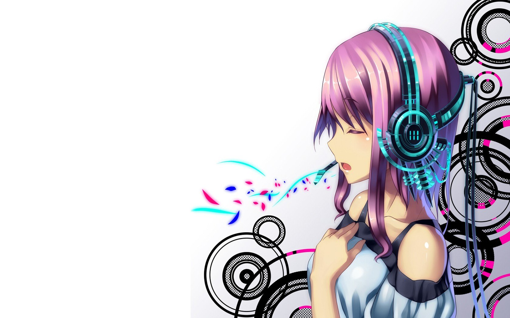 headphones, Abstract, Multicolor, Patterns, Pink, Hair, Short, Hair, Anime, Girls, White, Background Wallpaper