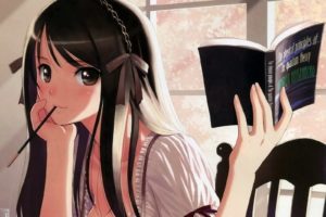 brunettes, Women, Tony, Taka, Cleavage, Long, Hair, Ribbons, Brown, Eyes, Books, Pocky, Window, Panes, Students, Anime, Girls, Hair, Band