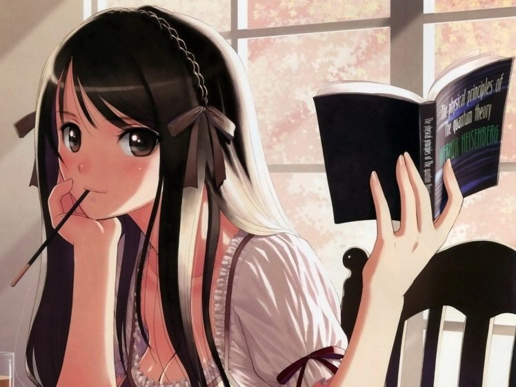 brunettes, Women, Tony, Taka, Cleavage, Long, Hair, Ribbons, Brown, Eyes, Books, Pocky, Window, Panes, Students, Anime, Girls, Hair, Band HD Wallpaper Desktop Background