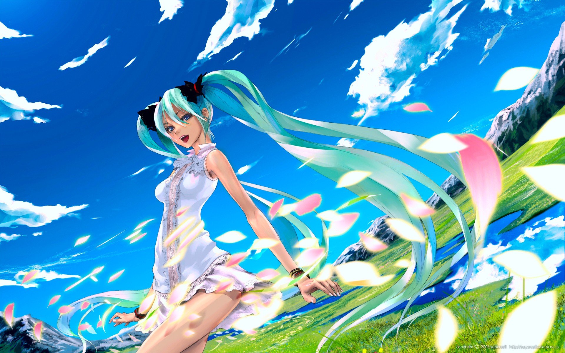 water, Mountains, Clouds, Landscapes, Nature, Vocaloid, Dress, Hatsune, Miku, Blue, Eyes, Meadows, Long, Hair, Green, Hair, Twintails, Scenic, Flower, Petals, White, Dress, Redjuice, Skyscapes, Reflections, Blue Wallpaper