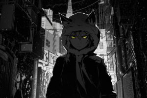 houses, Buildings, Nekomimi, Jackets, Stairways, Short, Hair, Grayscale, Skyscrapers, Yellow, Eyes, Snowflakes, Hoodies, Braids, Selective, Coloring, Scarfs, Anime, Girls, Cables, Cities