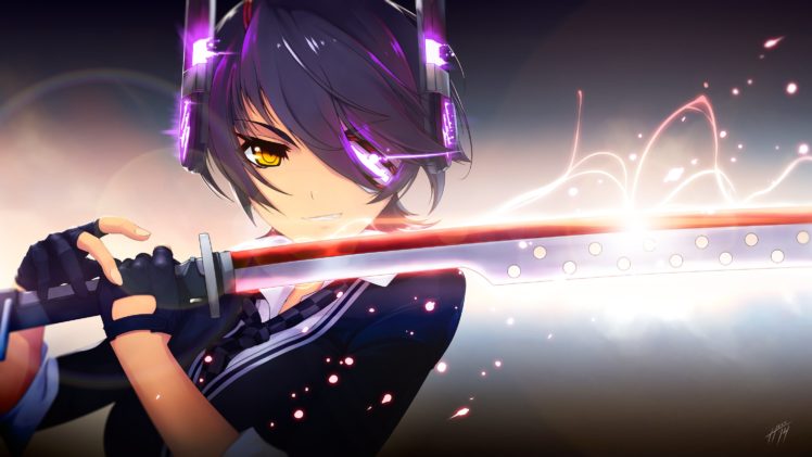 kantai, Collection, Black, Hair, Eyepatch, Gloves, Jpeg, Artifacts, Kantai, Collection, Purple, Hair, Short, Hair, Signed, Sword, Tenryuu,  kancolle , Tie, Weapon, Yellow, Eyes HD Wallpaper Desktop Background