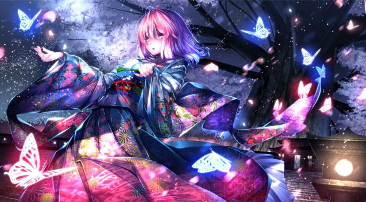 touhou, Butterfly, Japanese, Clothes, Pink, Hair, Ryosios, Saigyouji, Yuyuko, Touhou, Tree HD Wallpaper Desktop Background