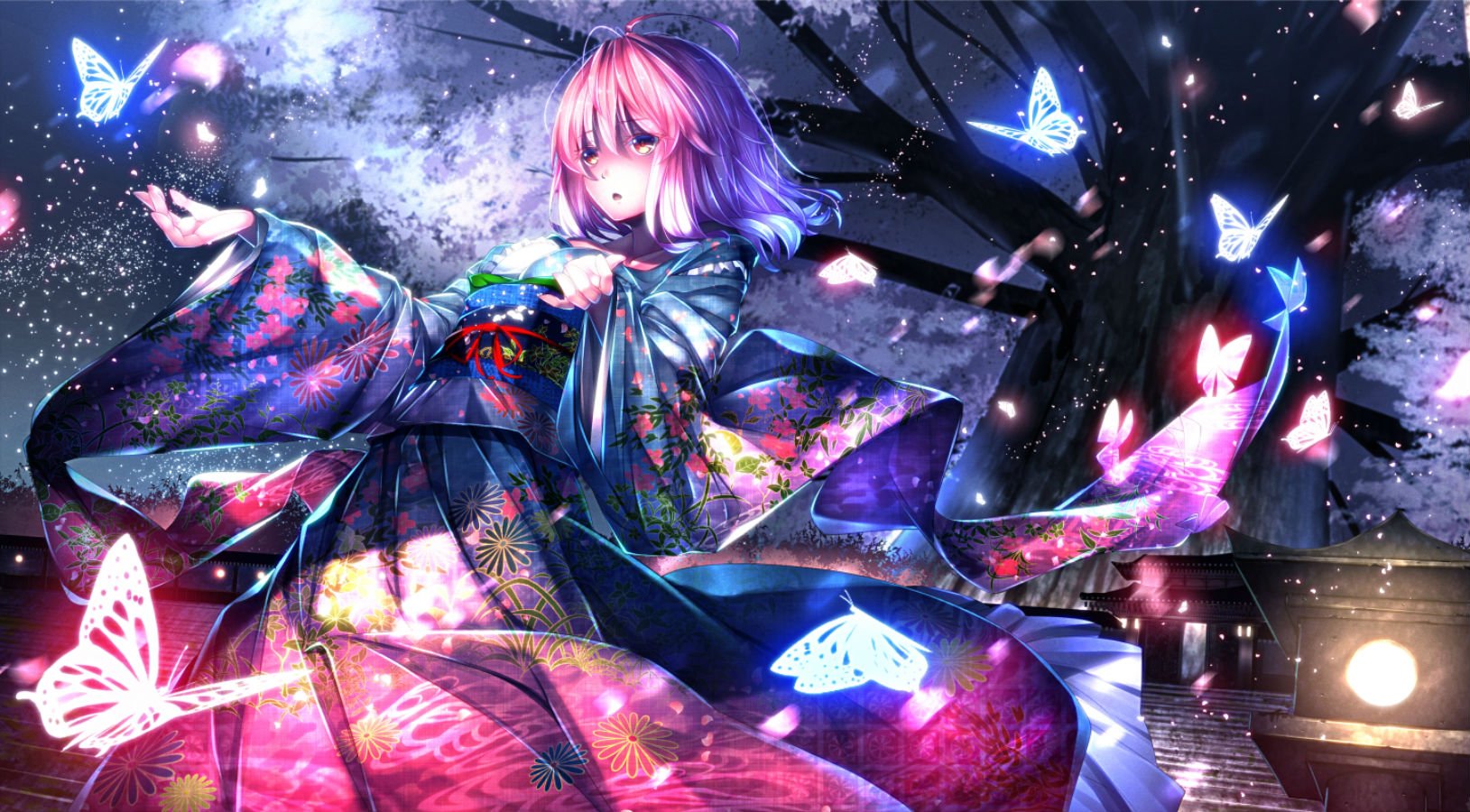 touhou, Butterfly, Japanese, Clothes, Pink, Hair, Ryosios, Saigyouji, Yuyuko, Touhou, Tree Wallpaper