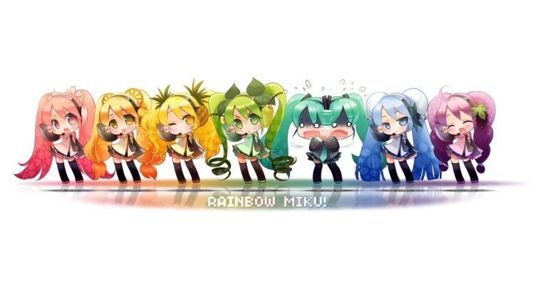 vocaloid, Hatsune, Miku, Chibi, Rainbows, Anime, Simple, Background, Detached, Sleeves HD Wallpaper Desktop Background