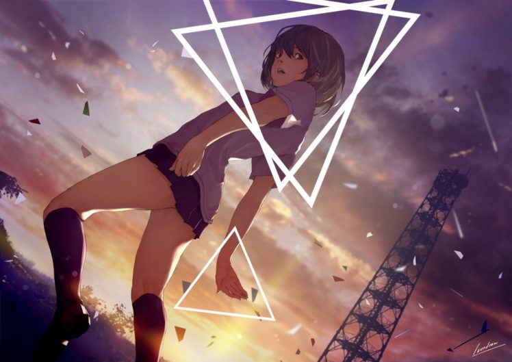 brunettes, Sunset, Clouds, School, Uniforms, Schoolgirls, Skirts, Socks, Brown, Eyes, Short, Hair, Scenic, Open, Mouth, Soft, Shading, Skyscapes, Anime, Girls, Looking, Back, Bangs, Triangles, Original, Characte HD Wallpaper Desktop Background
