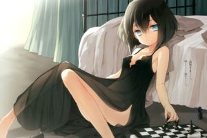 cleavage, Chess, Yuzurina, Houshou, Kono, Naka, Ni, Hitori, Imouto, Ga, Iru, Dress, Girl, Blue, Eyes, Black, Hai