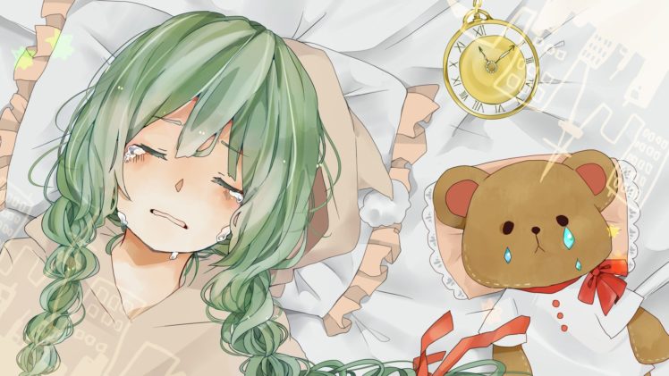 vocaloid, Hatsune, Miku, Tears, Long, Hair, Ribbons, Green, Hair, Pillows, Stuffed, Animals, Lying, Down, Open, Mouth, Pocket, Watch, Crying, Closed, Eyes, Teddy, Bears, Anime, Girls, Faces, Hair, Ornaments, Bed HD Wallpaper Desktop Background