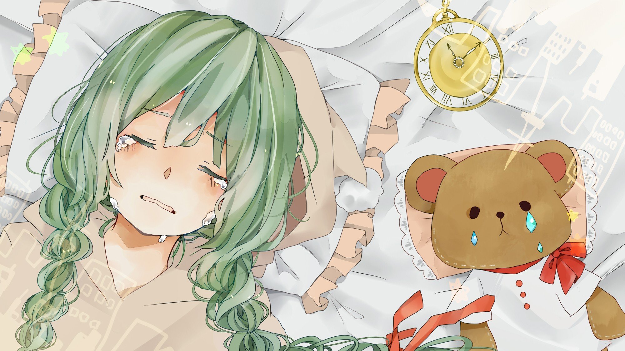 vocaloid, Hatsune, Miku, Tears, Long, Hair, Ribbons, Green, Hair, Pillows, Stuffed, Animals, Lying, Down, Open, Mouth, Pocket, Watch, Crying, Closed, Eyes, Teddy, Bears, Anime, Girls, Faces, Hair, Ornaments, Bed Wallpaper