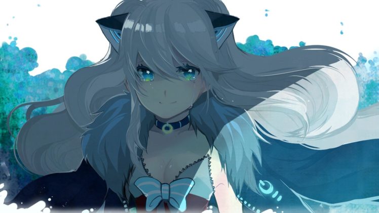 vocaloid blue eyes cleavage tears long hair nekomimi