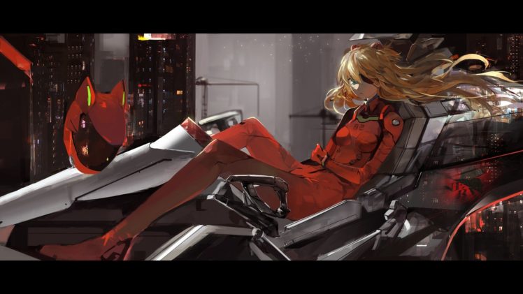 blondes, Night, Blue, Eyes, Long, Hair, Neon, Genesis, Evangelion, Buildings, Eyepatch, Plugsuit, Bodysuits, Asuka, Langley, Soryu, Sitting, Cranes, Helmets, Reflections, Anime, Girls, Cities, Black, Borders, Sa HD Wallpaper Desktop Background