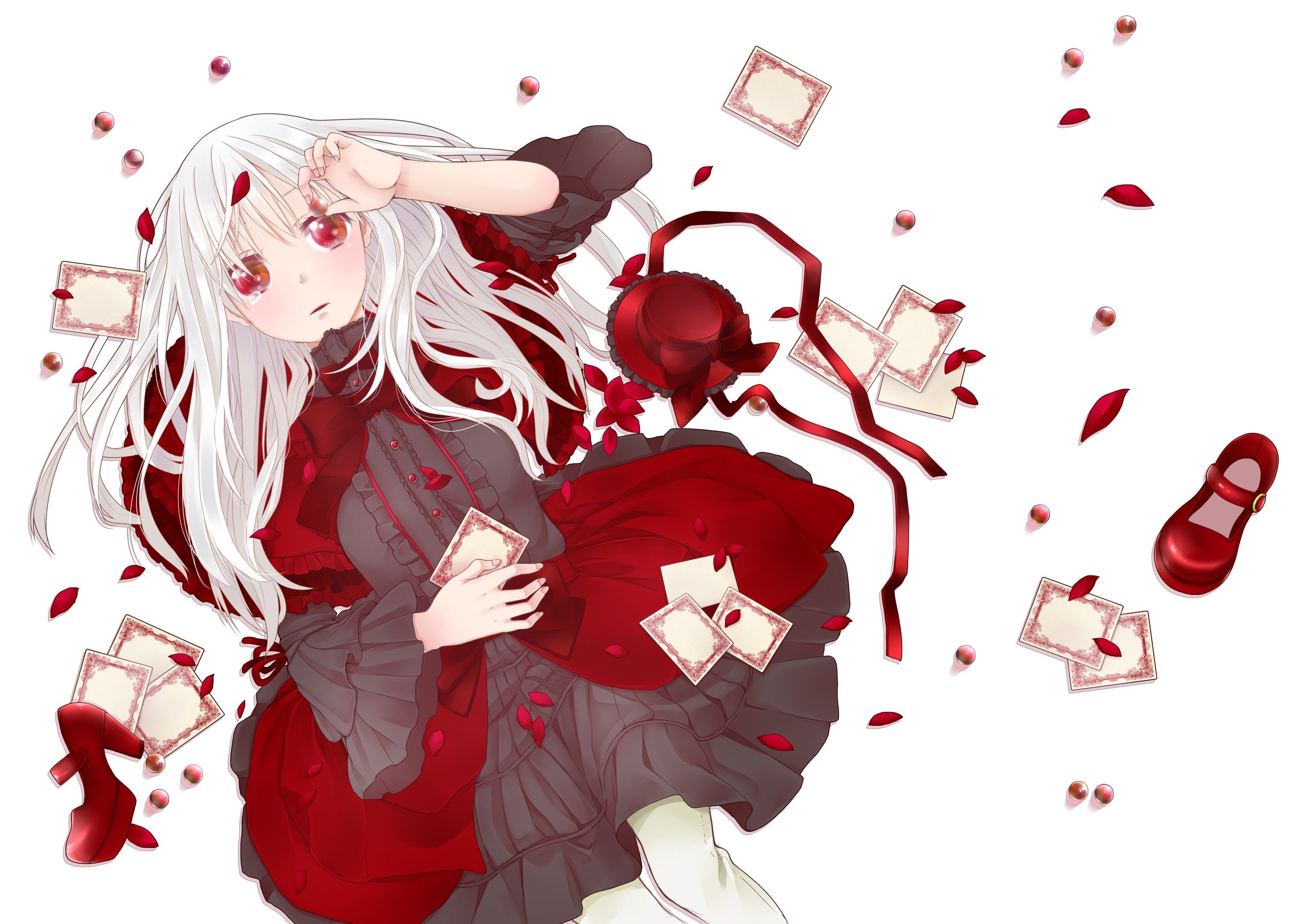 Cards Dress Tears Long Hair Balls Shoes Red Eyes Lying Down Anime Crying White Hair Lolita Fashion Flower Petals Hats Anime Girls K Project Kushina Anna Wallpapers Hd Desktop And Mobile