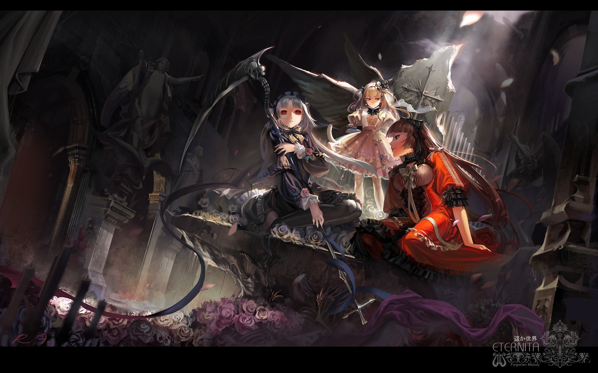 brunettes, Blondes, Tails, Wings, Cross, Ruins, Dress, Flowers, Blue, Eyes, Scythe, Long, Hair, Ribbons, Weapons, Brown, Eyes, Gothic, Fantasy, Art, Red, Eyes, Twintails, Bows, Red, Dress, Sitting, Black, Dress, Wallpaper